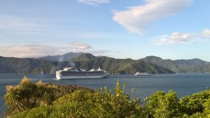 Cruise ship in Marlborough sounds meeting ferry boat.